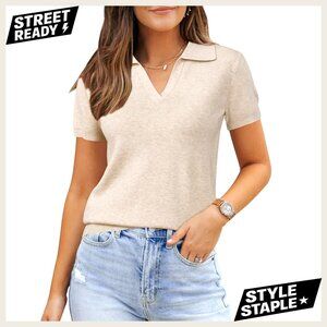 Lightweight Wool Blend V-Neck Pullover Sweater Business Casual Short Sleeve